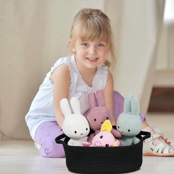 XUANGUO Medium Woven Cotton Rope Storage Basket with Handles, Black | Small decorative rectangle storage bin for baby nursery items and cat toys; ideal as an empty gift basket or dog toy basket
