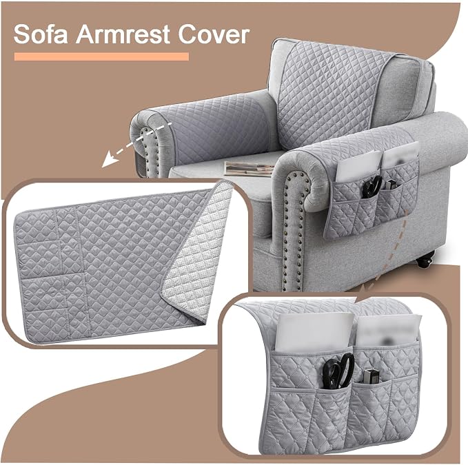 Water-Resistant Sofa Armrest and Headrest Covers with Side Pocket | Keep remotes close quilted polyester helps guard against wear, pet scratches, and kids' messes silicone backing adds grip