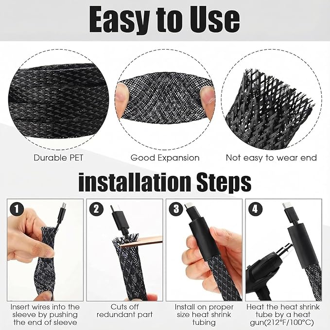 Tatuo 151 ft Braided Cable Sleeve Expandable Wire Sheathing(Black) | with 120 Heat Shrink Tubing 1/4 in 2/5 in 1/2 in 3/4 in Wire Sleeve Cord Management for Television Audio Computer Video Pets