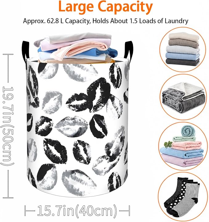 Lip Print Laundry Basket, Modern Romantic Black Kiss Oxford Cloth Dirty Clothes Collapsible Hamper for Room Decor, Couple Gifts, Toy Organizer 19.7 x 15.7 Inches for Bedroom Bathroom Dorm