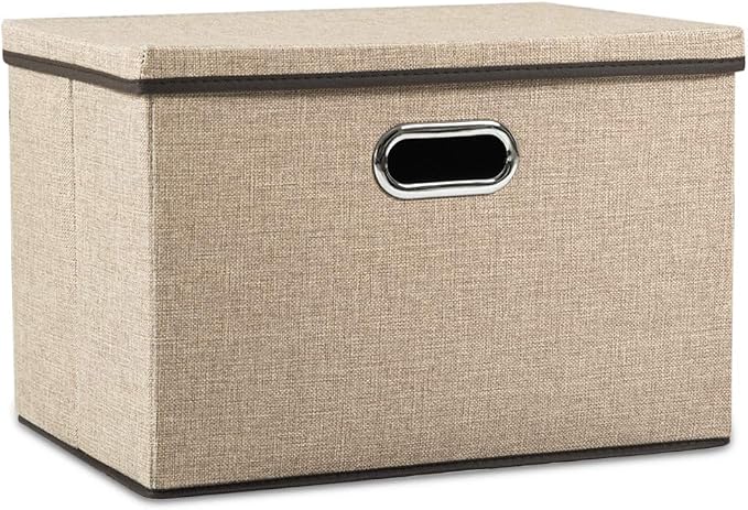 Large Collapsible Storage Bins with Lids [1-Pack] Jute Fabric Foldable Storage Boxes Organizer Containers Baskets Cube with Cover for Home Bedroom Closet Office Nursery (17.7x11.8x11.8)