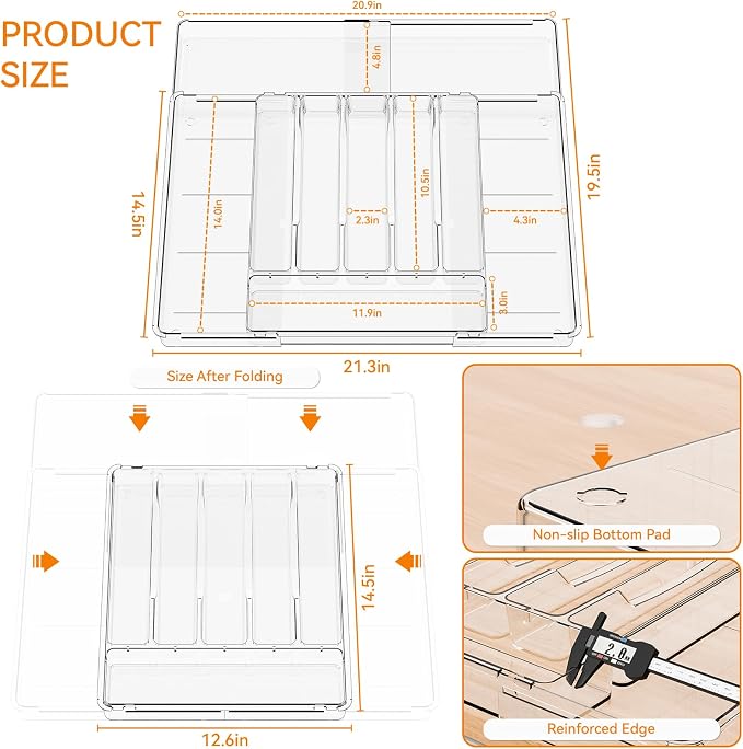 Clear Large Expandable Silverware Organizer and Kitchen Utensil Drawer Organizer,Plastic Adjustable Silverware Tray for Drawer Cutlery,Spatula,Tools,Flatware Organizers,Fork and Spoon Holder