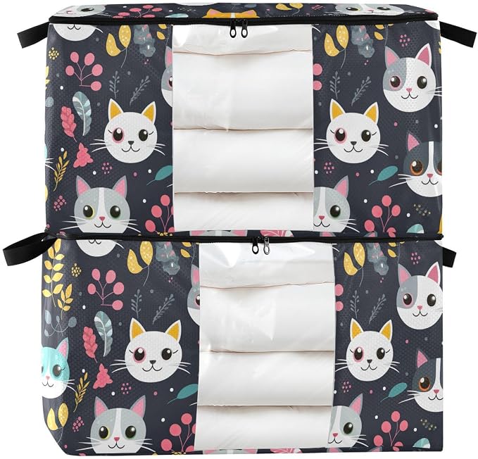 Generic Cute Cats Plant Black Clothes Storage Bag Bins 2 Pack Foldable Storage Containers Large Closet Organizer with Zipper Quilt Bag for Clothing Bed Sheets Comforters 95L, g355896543p976c1037s2358