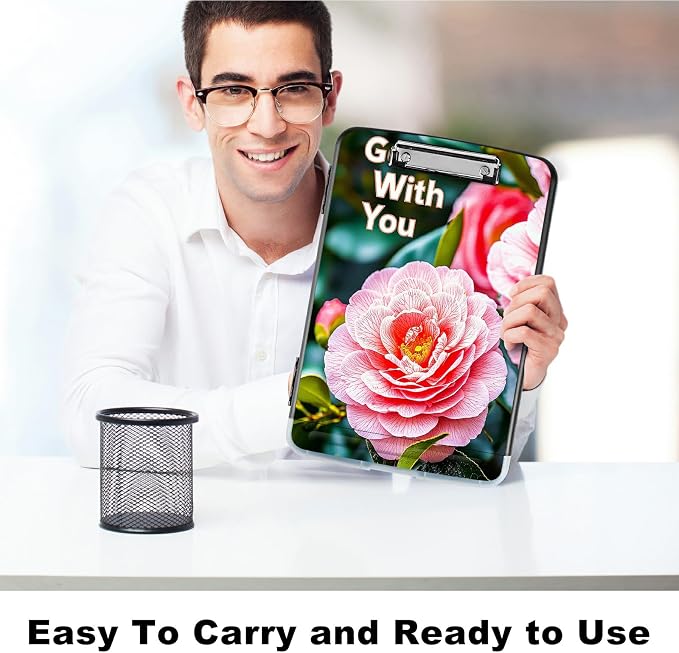 A4 Clipboard with Storage Pen Holder, Clipboards Organizer Nursing Clipboard Foldable File Folder Plastic Clipboard Folio Clip Board for Office Work Classroom Doctor, Pink Peony