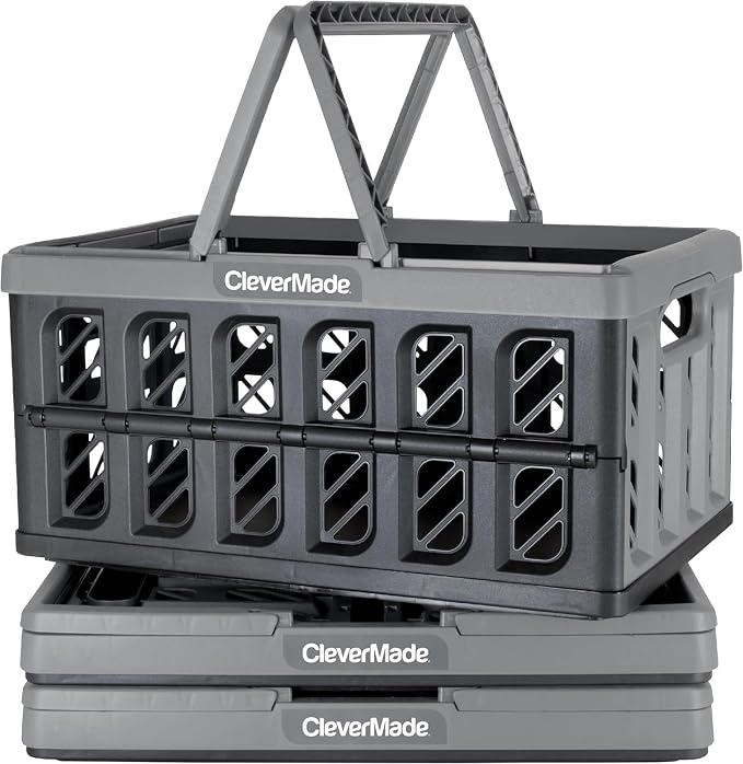 CleverMade Eco Collapsible Shopping Basket with Handles, 24L Stone, 3 Pack | Keep Groceries Upright in the Car | Rigid Walls Carry 25 lb Each, Stack Securely, and Fold to 2.25 Inches for Storage