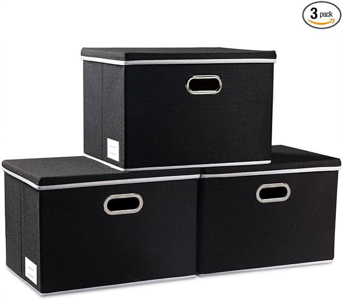 Large Foldable Storage Boxes with Lids [3-Pack] Fabric Collapsible Storage Bins Organizer Containers Baskets Cube with Cover for Home Bedroom Closet Office Nursery Black(17.7x11.8x11.8)