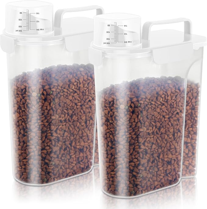 5Lbs Airtight Dog Cat Storage Container Portable with Upgraded Large Spout and Cup, Plastic Pet Food Dispenser for Small Animal Kibble, Bird Seed, Oatmeal, Rice, Flour, Brown Sugart-2 Pack Milky white