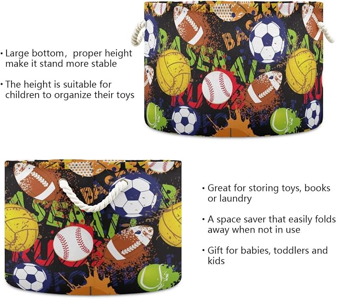 Sport Ball Print Collapsible Round Storage Basket with Handles | Basketball Baseball Large Laundry Baskets Hamper, Clothes Organizer Bin for Bedroom Living Room Decor, 20x 20x 14 Inches