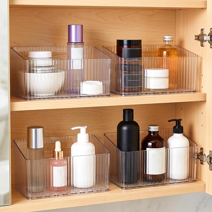 6 Pack Cabinet Organizer, Bathroom Cabinet Door Organizer with Adhesive Hooks, Clear Stackable Inside Cabinets Door Storage Bins, Wall Mounted Acrylic Shower Shelves for Kitchen, Pantry, Office, RV