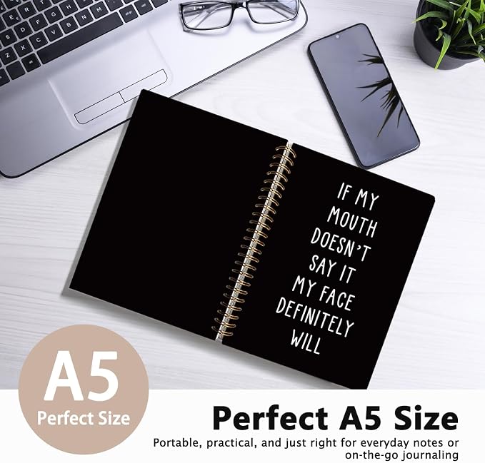 Funny Notebooks Journal, Sarcastic Notebooks for Work | Funny Notebooks for Work, If My Mouth Doesn't Say It My Face Will, Black Hardcover Spiral Notebook 5.5x8.3 Inch