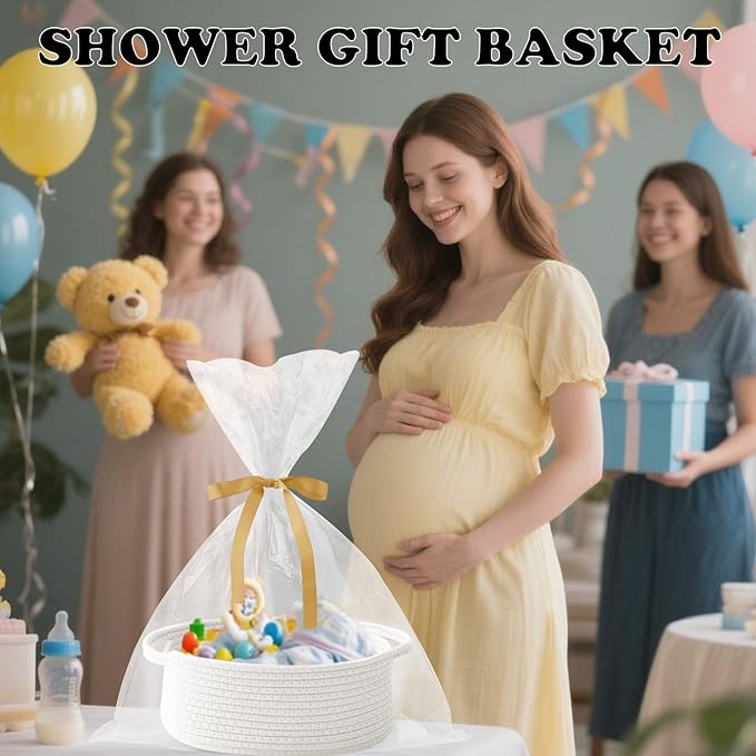 White Woven Rope Basket - Baby Gift Basket with Bag & Ribbon | Cotton rope with handle, 12 x 8 x 5 in, gift bag and ribbon, for baby shower, birthday, toy storage, nursery, shelf decor