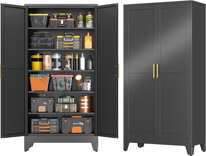 GAIOUS 79'' Tall Metal Garage Storage Cabinet, Home Office Cabinet Black | Home Office Storage, File Cabinet Tool Cabinets with 2 Doors and 5 Adjustable Shelves for Warehouse Garage Outdoor Steel