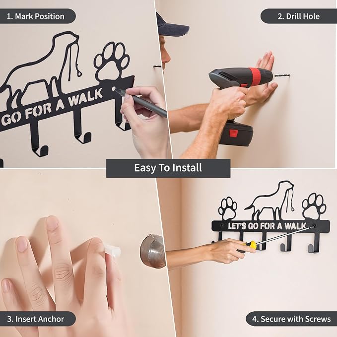 Dog Leash Holder for Wall – Dog Leash Hooks, Leash Holder, Dog Hooks, Decorative Dog Leash Organizer w/ 5 Hooks, Hooks for Hanging Dog Leashes, Dog Leash Hanger Organizer, Wall Mount Dog Leash Rack