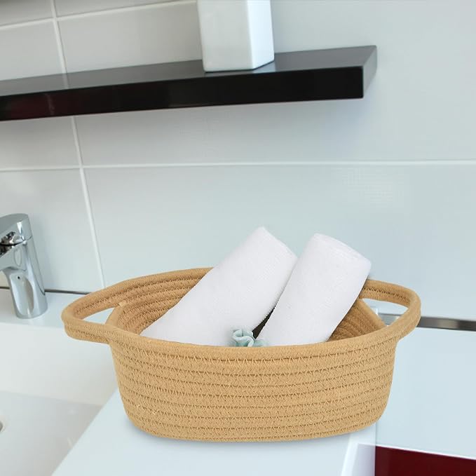 ABenkle Small Storage Basket - Mini Cotton Rope Woven Shelf Basket, Cute Boho Decorative Toy Dog Cat Container for Nursery, Bedroom, Spa, Empty Gift - XS, Brown