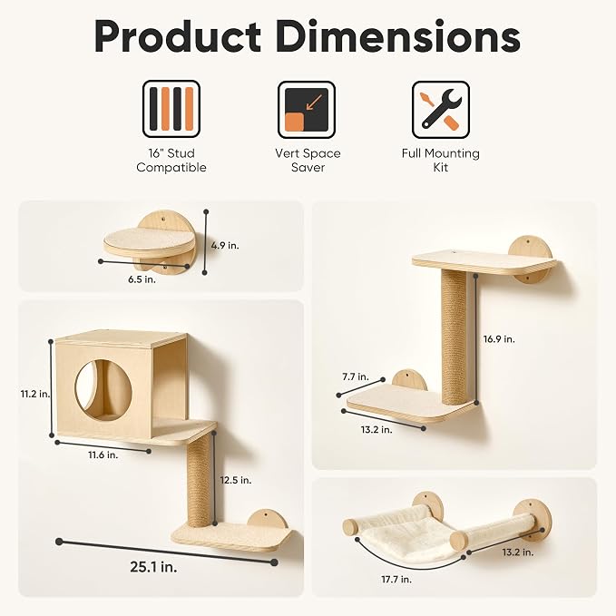 FUKUMARU Cat Wall Shelves, 5 in 1 Set, Beige | Stable Wooden Wall-Mounted Furniture Set, Kitty Climber with Hammock, House, Steps, Scratching Post