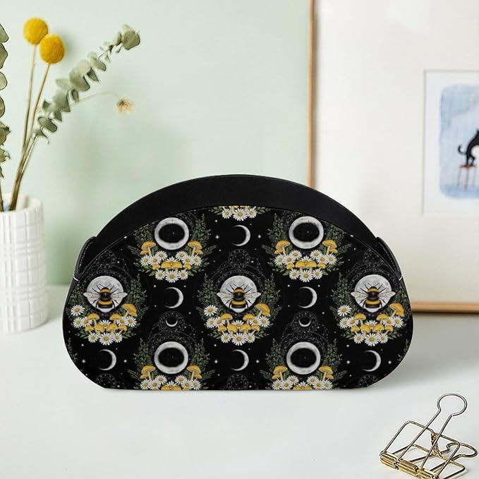 Remote Control Holder for Table Witchy Moon Floral Bee Desktop Storage Box | Makeup Brush Caddy with 5 Compartments, Witchy Gothic Moon Mushroom Floral Bee Bedside Table Organizer Office Supplies