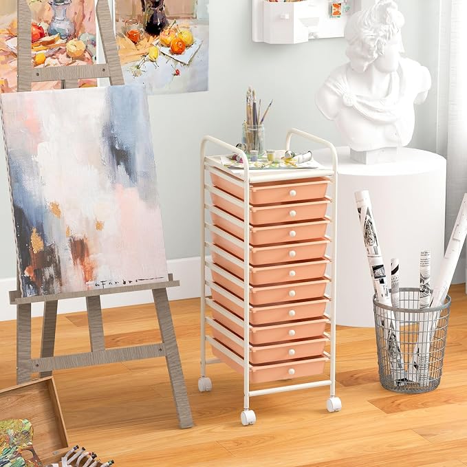 10 Drawer Rolling Storage Cart, Organization Cart on Drawers for Craft Makeup Paper Tool Art Supply, Versatile Utility Cart on Wheels for Home Office Classroom School (Peach)