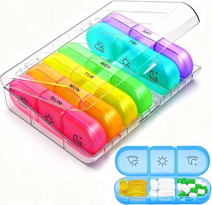 Weekly Pill Organizer 3 Times a Day, 7-Day Pill Boxes, Monthly Medication Organizer 21 Days Portable Compartments & Moisture-Proof Outer Case for Vitamins, Fish Oils, Supplements (White)