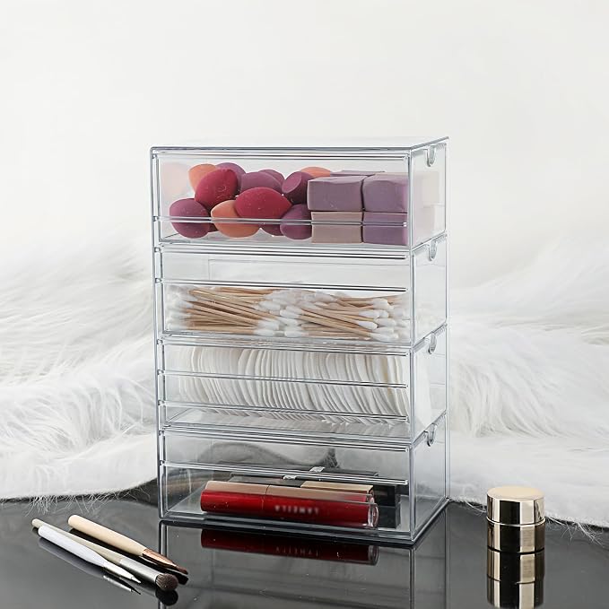 Hipiwe Plastic Drawer Organizer Clear Storage Box with 4 Pull Out Drawer | Drawers Box for Bathroom, Dresser, Cosmetic Hair Tie Container for Women