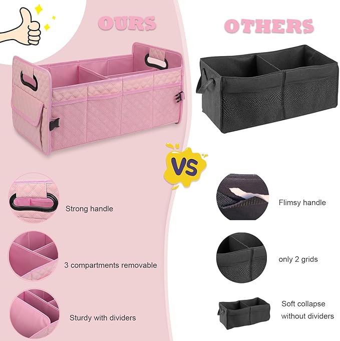 Car Trunk Organizer for SUV, Collapsible Car Storage Organizer Large Pink | Sturdy, Strong Capacity, Diamond Decor, Multi Compartment Container Box Adjustable Car Accessories for Sedan Truck