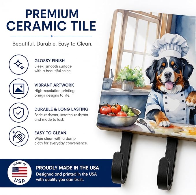 Caroline's Treasures Bernese Mountain Dog The Chef Leash or Key Holder Wall Hooks, Key Hooks Holder, Coat Rack Wall Mount, Coat Hooks, Hooks for Hanging Keys, Towels, Aprons, Leashes | Bernese Mountain Dog The Chef artwork on ceramic tile with three st...