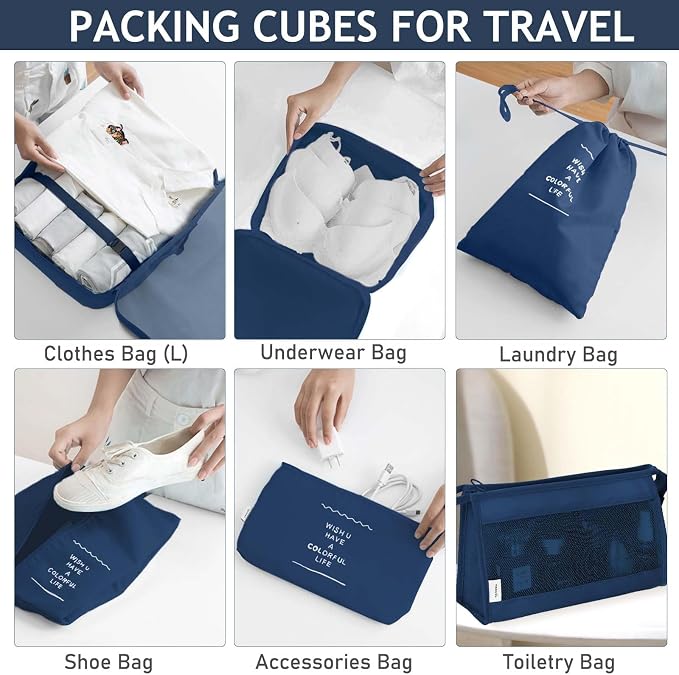 KPX 8 Set Packing Cubes for Travel, Luggage Packing Organizers Accessories Large Toiletries Bag for Clothes Shoes Cosmetics (Navy Blue)