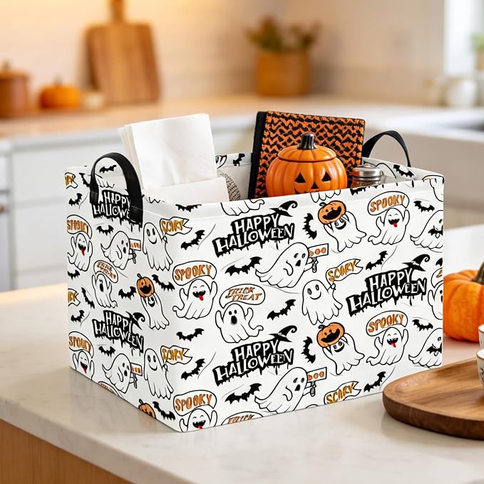 NTAO Gift Storage Basket Empty for Halloween, Storage Bin with Handles, Room Decor, Book Box(Spooky Ghost)