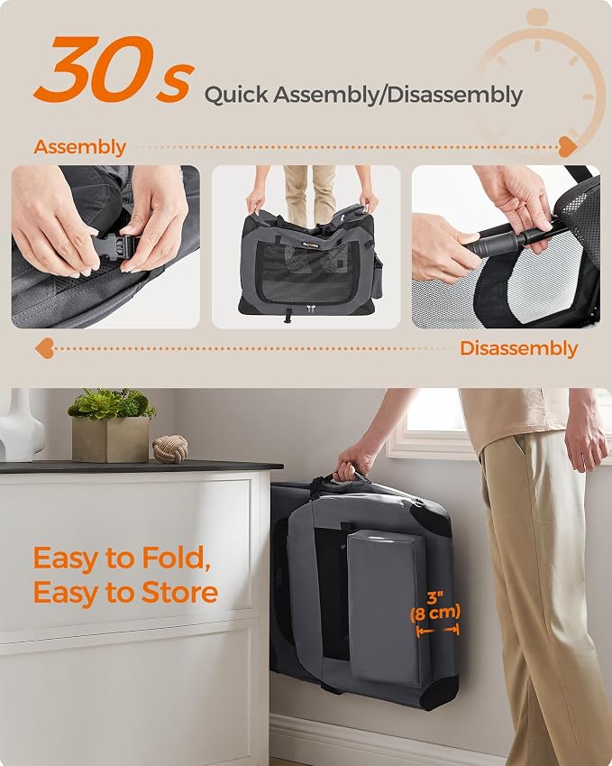 Feandrea Collapsible Soft Dog Crate, Portable Travel, 28 Inches | Dog Carrier Kennel with Safety Zippers for Living Room, Car, Travelling, Gray UPDC70GY