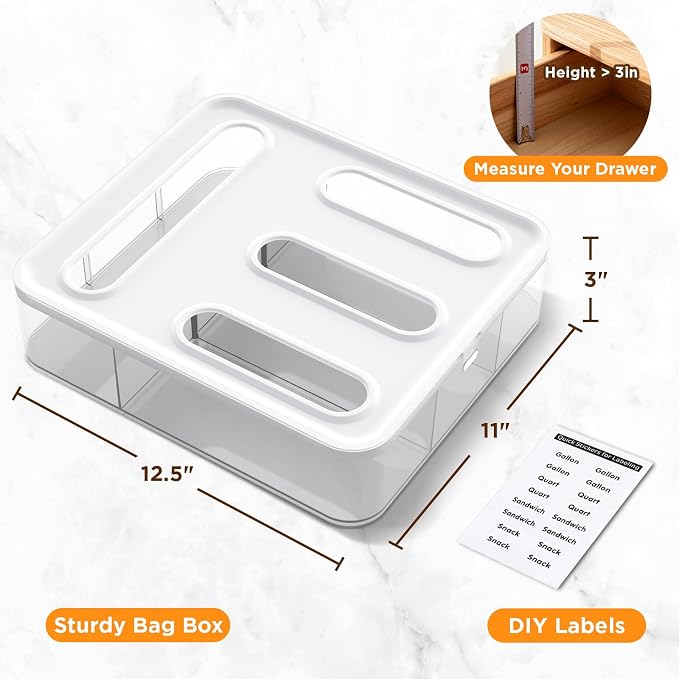 OUTXE Bag Organizer for Drawer + Fridge, Magnetic Kitchen Baggie Storage | Pantry Organization for Ziplock Plastic Food Bags | Compatible with Snack Sandwich Quart Gallon (White) | Pantry Organization for Ziplock Plastic Food Bags | Compatible with Sna...