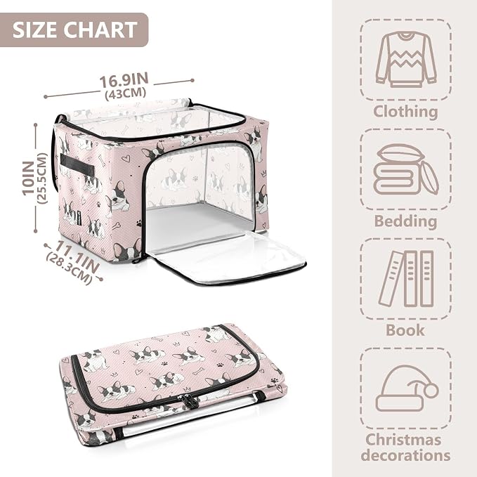 Cute Pet Dogs Pink pattern Under Bed Storage Containers with Double Zipper Openings, Foldable Clothes Storage Bins with Clear Window and Handles for Comforters Blankets Bedding