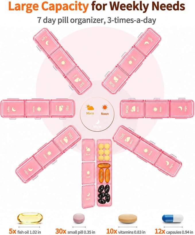 Pill Organizer 3X a Day, Large Weekly Pill Box 7 Day 3 Times a Day, Portable Travel Daily Pill Case Container for Medicine, Vitamin, Fish Oil and Supplement Storage Cute Pink