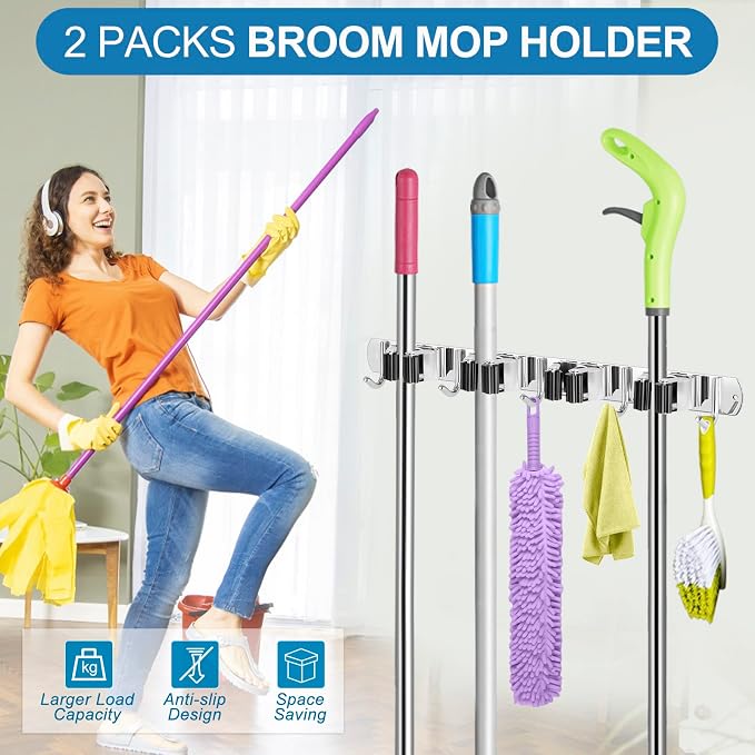 IMILLET 2 Pack Broom Holder Wall Mount Stainless Steel Mop Organizer | 4 Racks 5 Hooks Heavy Duty Garage Organization Storage,Broom and Mop Organizer Wall Hanging Self Adhesive for Laundry Room