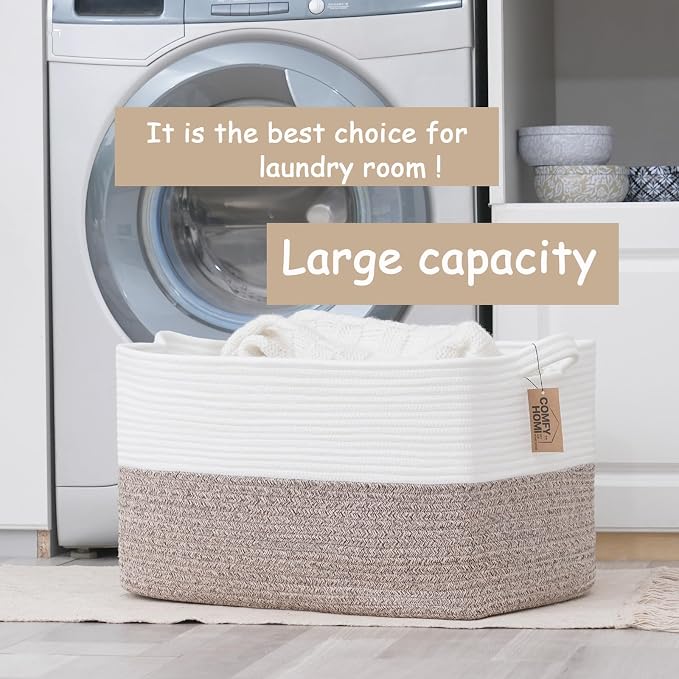 COMFY-HOMI Large Rectangular Blanket, Cotton Rope Woven for Storage, LaundryHamper, Storage,Toy Organizing Bin with Handle, Organizer and Storage-22x15x12-