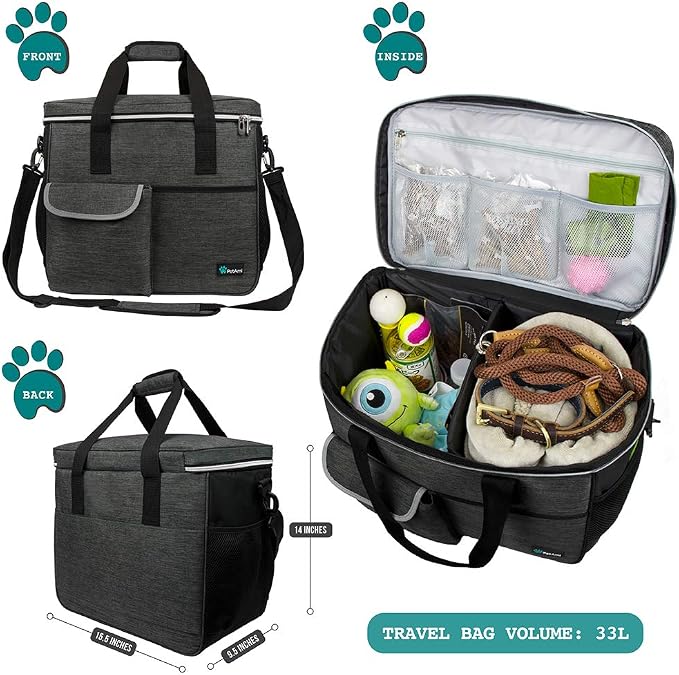 PetAmi Dog Travel Bag Organizer, Pet Supplies Diaper Tote, Dark Gray Large | Pet Travel Kit with 2 Food Containers & 2 Collapsible Dog Bowls, Luggage Sleeve, Weekend Getaway Road Trip Camping Essentials