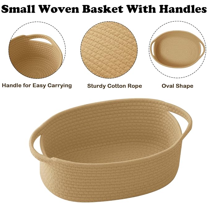 Woven Rope Basket - Baby Gift Basket with Bag & Ribbon | Cotton rope with handle, 12x8x5 in, gift bag and ribbon, for baby shower, birthday, toy storage, nursery, shelf decor
