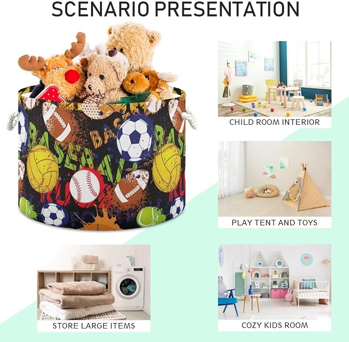 Sport Ball Print Collapsible Round Storage Basket with Handles | Basketball Baseball Large Laundry Baskets Hamper, Clothes Organizer Bin for Bedroom Living Room Decor, 20x 20x 14 Inches