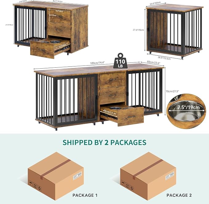 YITAHOME 74" Double Dog Crate Furniture with 2 Feeder Bowls & Room Divider | Wooden Dog Kennel TV Stand for 2 Large Medium Small Dogs, Rustic Brown