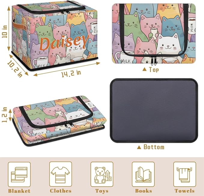 Custom Cute Cats Storage-Bin With Zipper Lid for Kids-Girls-Boys-Baby-Pet,Personalized Name Foldable Storage Box with Handle,Baby Basket With Label for Bedroom Nursery Toy Clothes,Multi