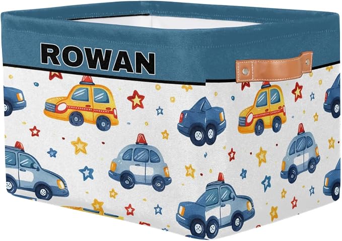 Personalized Kids Toy Box with Name, Custom Nursery Baskets Cubes Bins, Kids Custom Storage Basket Laundry Baskets Organizer with Handles, Cartoon Police Car with Stars