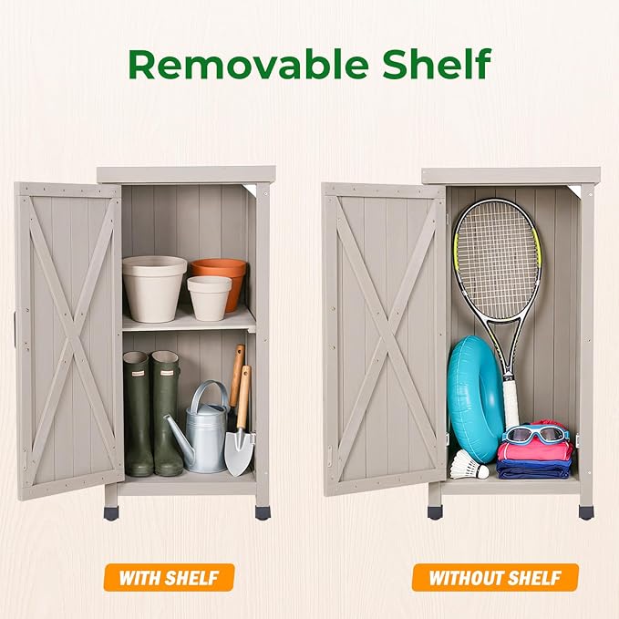 Small Outdoor Storage Cabinet with Metal Top | Wooden Potting Table & Garden Workbench | Weatherproof Gardening Table| Space-Saving Potting Bench for Patio, Backyard Gardening Tools
