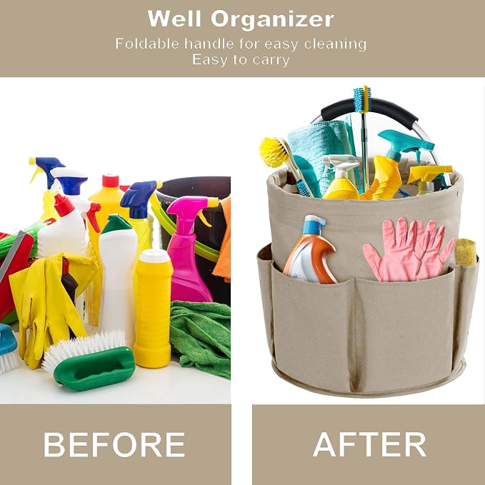Cleaning Caddy with Handle, Cleaning Products Organiser, 17L Foldable Storage Basket, Cleaning Caddy Organiser, Portable Multi Cleaning Bucket Bag for Home, Garden (Khaki)