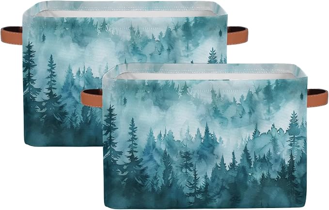 Pardick Forest Storage Baskets Bin Canvas Storage Bin Collapsible Baskets Toy Organizer Rectangle Storage Boxes with Handles for Home Shelves Nursery, 1Pack