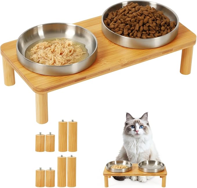 DoogCat Raised Cat Bowls, Bamboo Stand with 2 Stainless Steel Bowls | Adjustable Height, Whisker-Friendly Design, Food & Water Set, Stable Construction, Easy to Clean