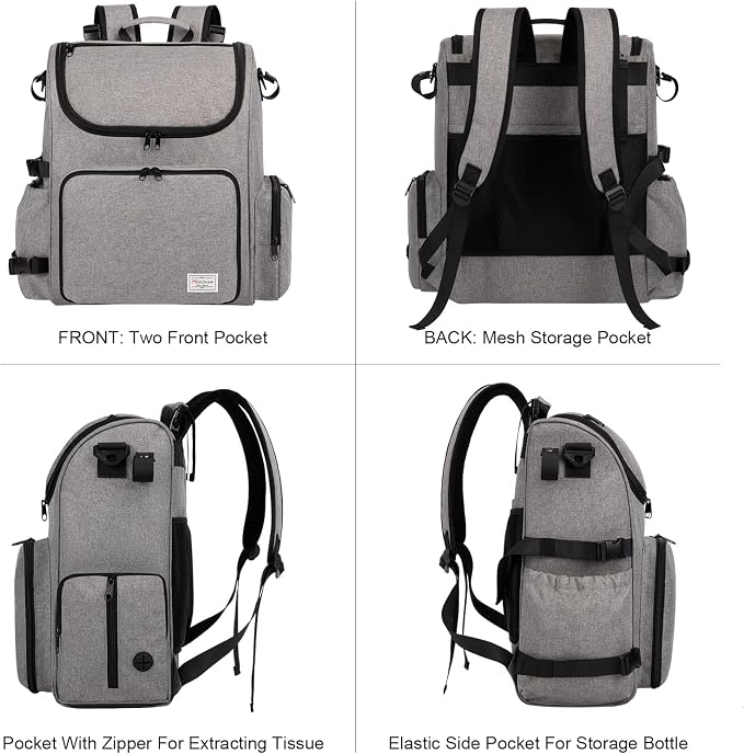Modoker Multi-Compartment Dog Travel Backpack for Pet Supplies, Grey | Dog Travel Accessories Organizer with 2 Food Bags, 2 Bowls, Quick-Access Pockets, Tissue Opening, Luggage Sleeve, Feeding Mat