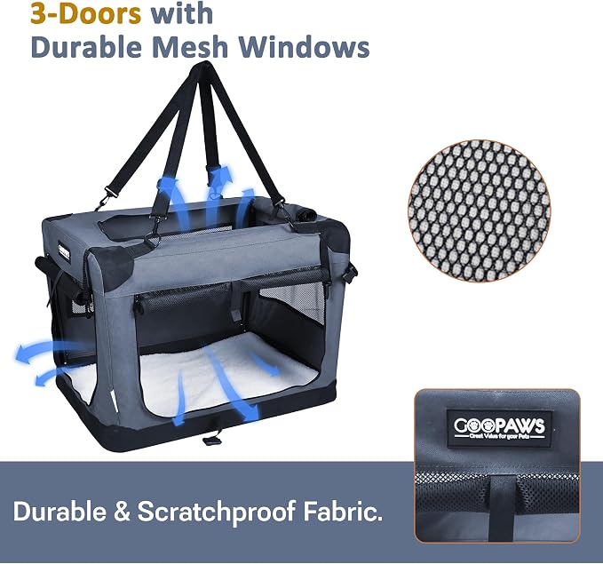 Jespet 3 Door Soft Dog Crates Kennel for Pets, Folding Travel Pet Carrier | 3 Mesh Doors 36'' Dog House, Locking Zipper, Easy to Install, Steel Frame, Removable Crate Pad, For Indoor & Outdoor Use