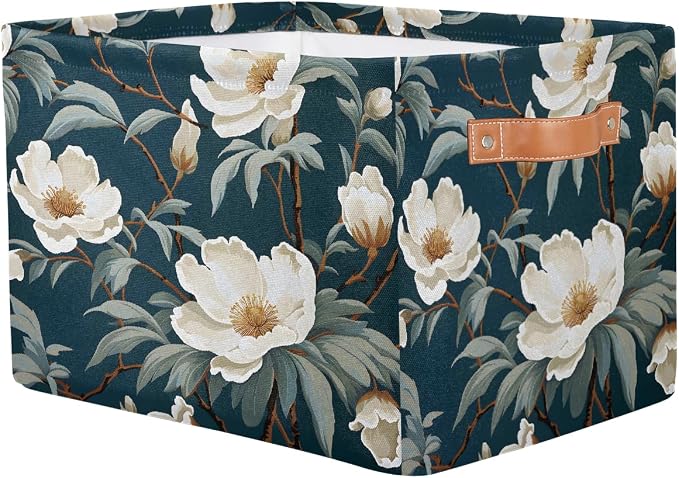 White Rose Leaves Rectangular Storage Bin Collapsible Storage Basket Organizer Boxes with Leather Handle Storage Cube for Shelves Toy Laundry Nursery 1 PC
