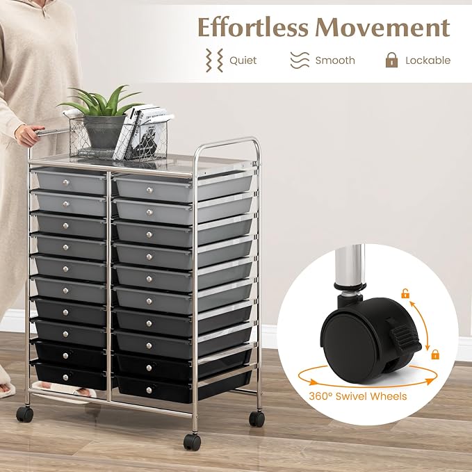 20 Drawer Rolling Storage Cart, Art Cart Organizer with Wheels for Makeup, Tool, Paper, Multipurpose Craft Storage Cart with Drawers for Office, Home, Classroom, School (Gradient Grey)