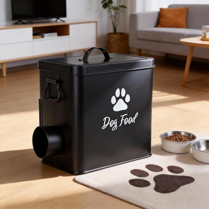 Dog Food Container 6.6lb, Cute Airtight Pet Treat Storage Containers with Metal Lid Scoop, Metal Storage Bin for Dog/Cat Durable Airtight Great Gift for Pet Owners-Black