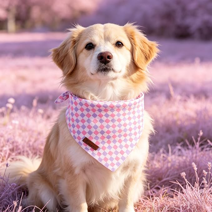 Purple Pink Checkered Dog Bandana, Spring Summer Plaid Puppy Bandana for Girl Female Dogs, Soft Cotton Pet Triangle Bid Scarf Kerchief for Girl Boy Dogs or Cats