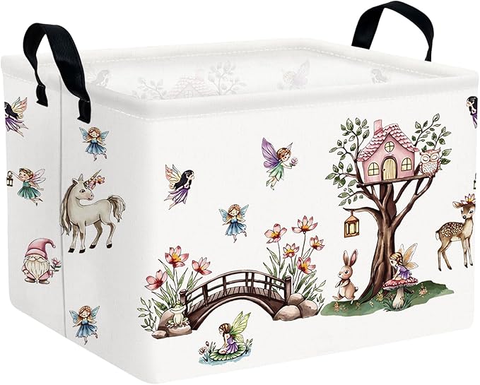 Kid Cute Rectangle Storage Basket Baby Toy Clothes Storage Bin Nursery Playroom Bedroom Decor Basket (Pink Tree House Flower Fairy)